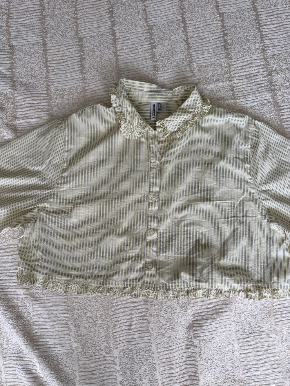 Divided Pale Yellow & White Striped Ruffle Button-Down Shirt